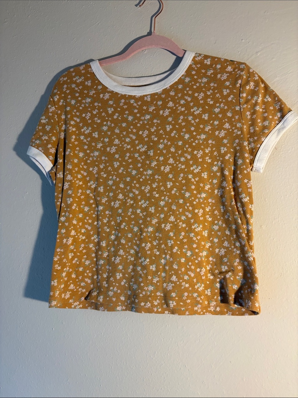 Arizona Jean Company Mustard Floral Ringer Tee with White Trim